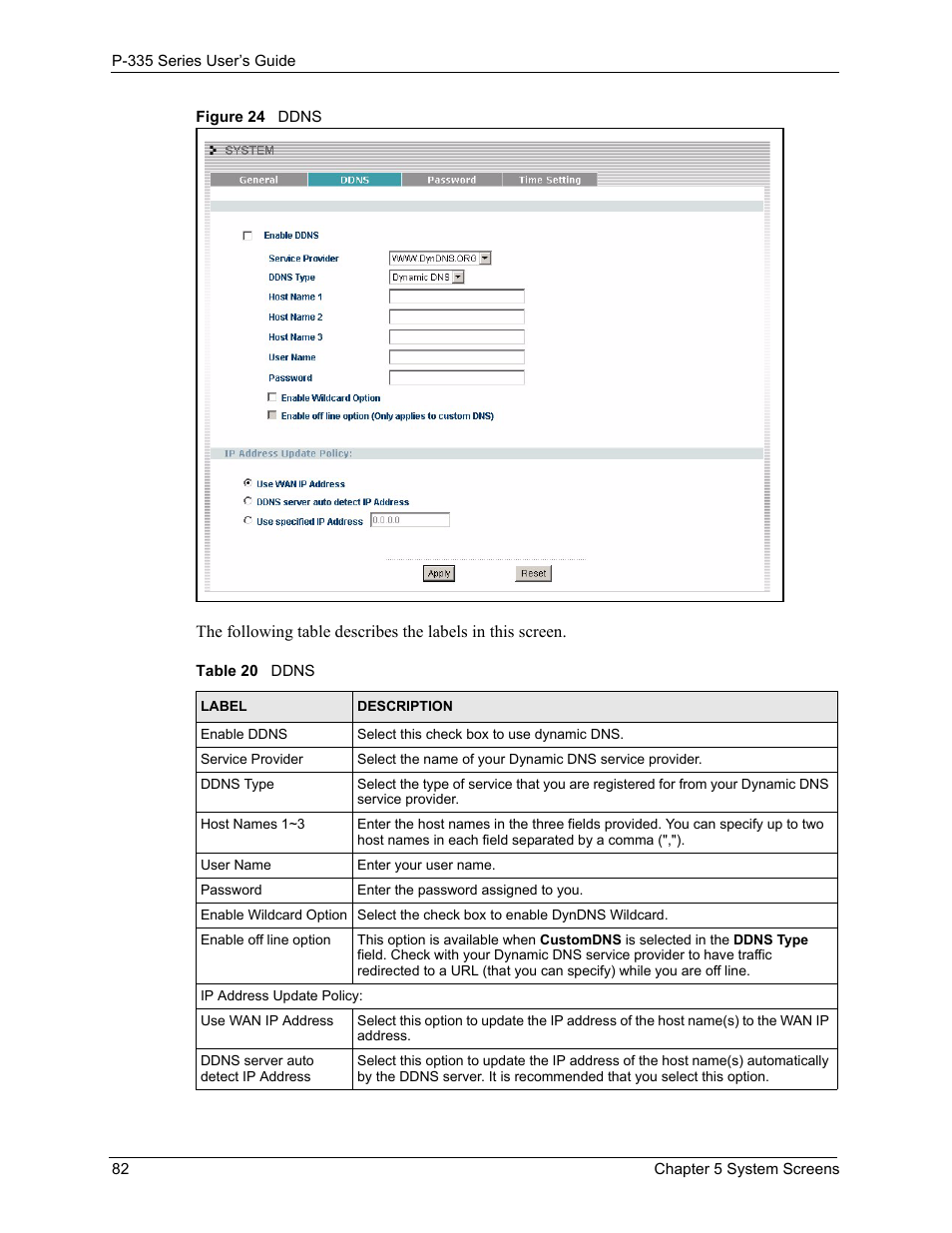 Figure 24 ddns, Table 20 ddns | ZyXEL Communications P-335WT User Manual | Page 82 / 509