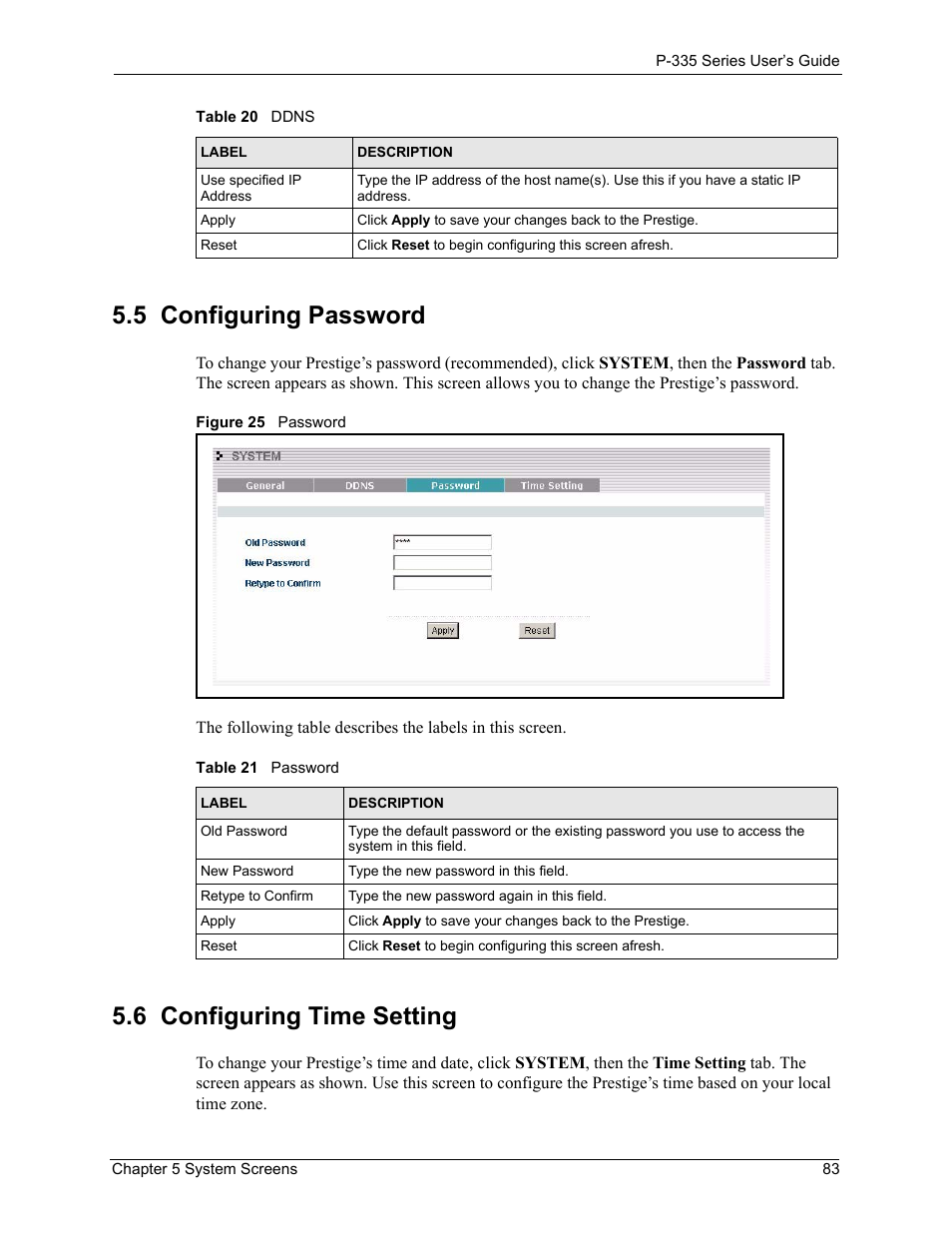 5 configuring password, 6 configuring time setting, Figure 25 password | Table 21 password | ZyXEL Communications P-335WT User Manual | Page 83 / 509