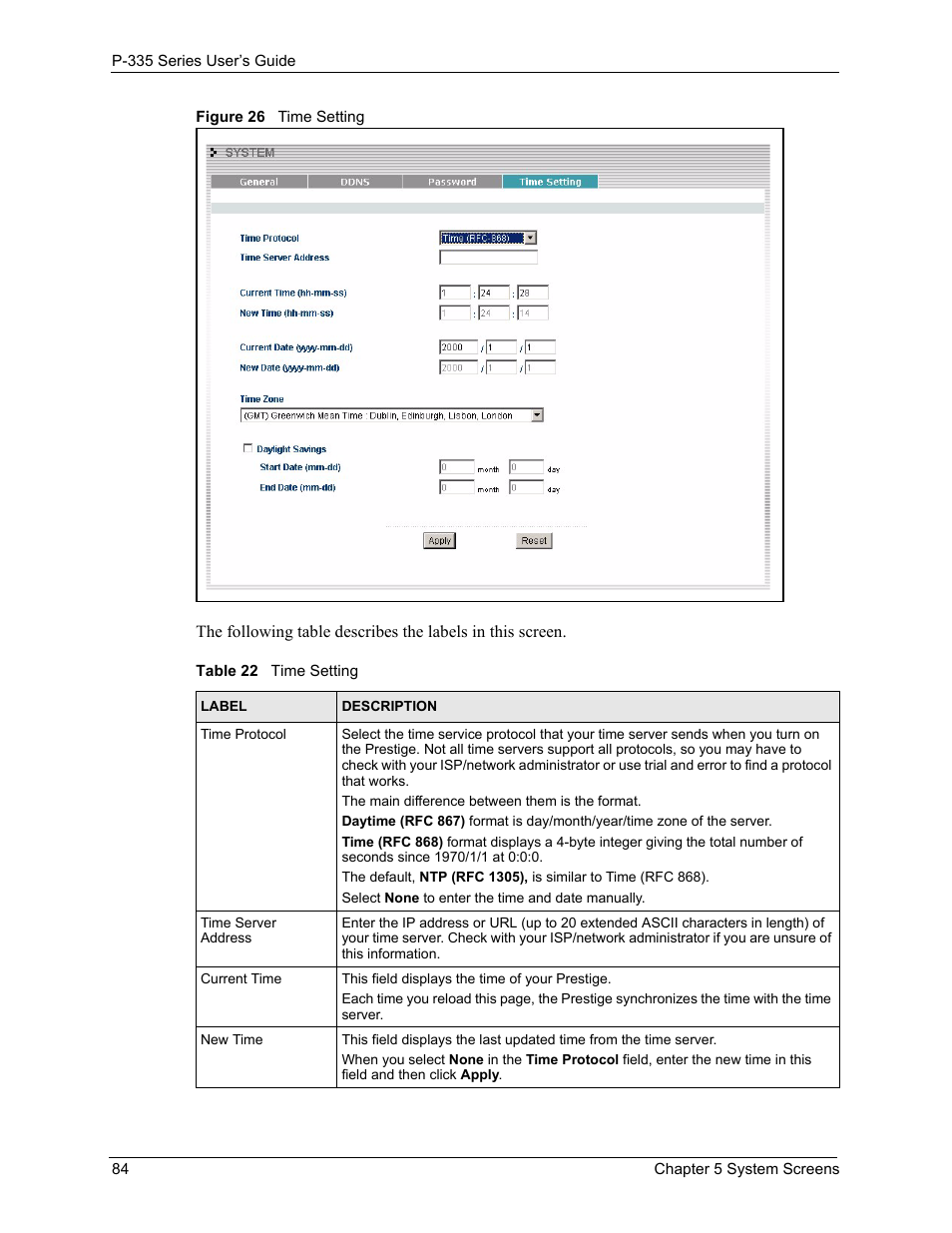 Figure 26 time setting, Table 22 time setting | ZyXEL Communications P-335WT User Manual | Page 84 / 509