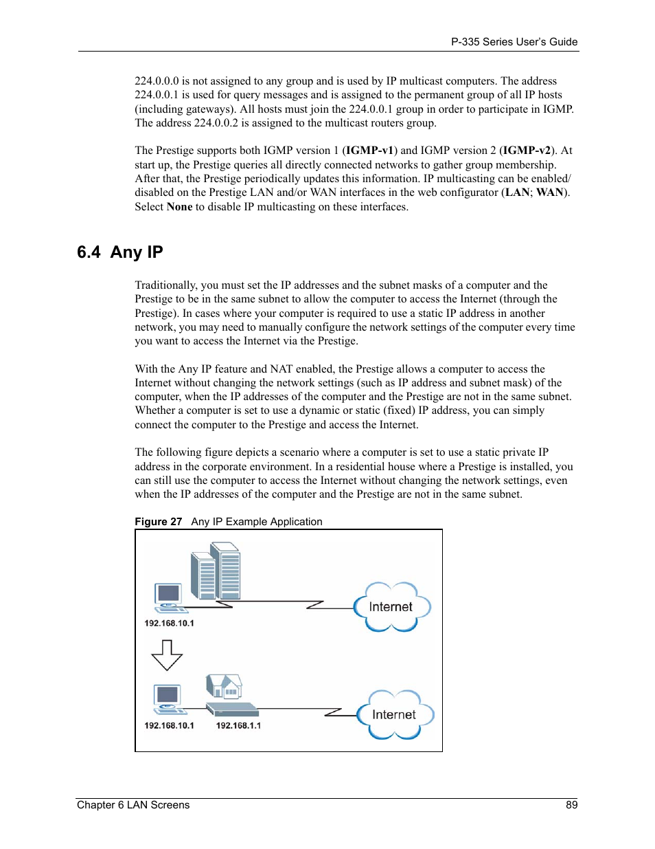 4 any ip, Figure 27 any ip example application | ZyXEL Communications P-335WT User Manual | Page 89 / 509