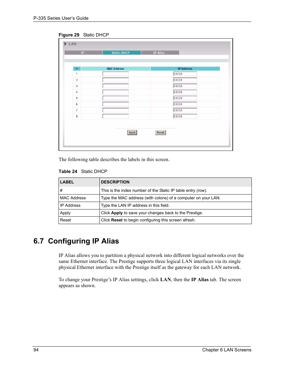 7 configuring ip alias, Figure 29 static dhcp, Table 24 static dhcp | ZyXEL Communications P-335WT User Manual | Page 94 / 509