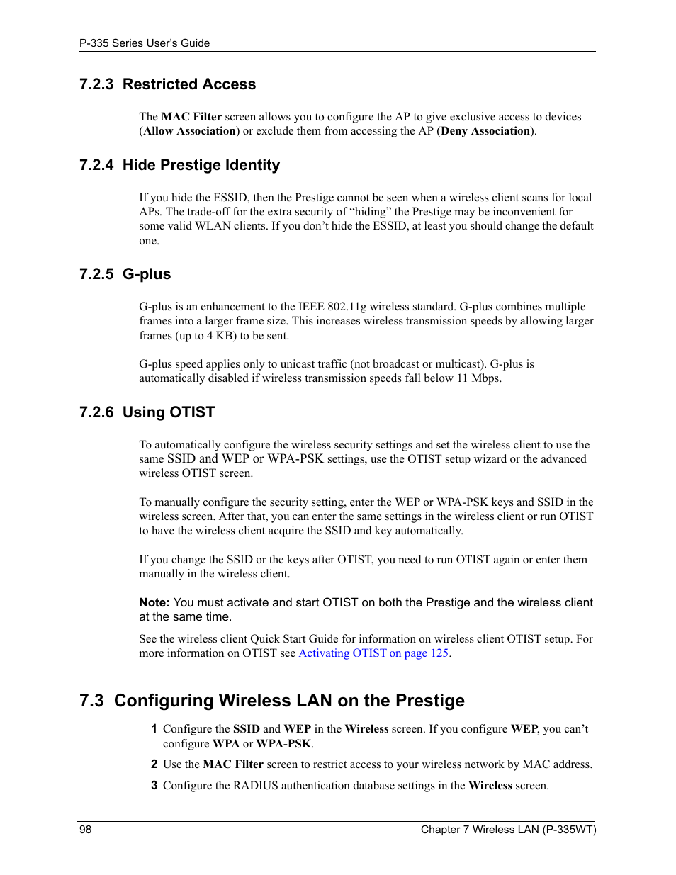 3 restricted access, 4 hide prestige identity, 5 g-plus | 6 using otist, 3 configuring wireless lan on the prestige | ZyXEL Communications P-335WT User Manual | Page 98 / 509