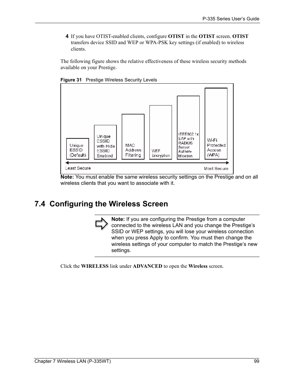 4 configuring the wireless screen, Figure 31 prestige wireless security levels | ZyXEL Communications P-335WT User Manual | Page 99 / 509