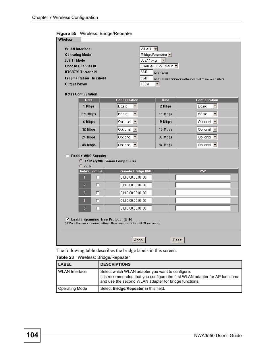 Figure 55 wireless: bridge/repeater, Table 23 wireless: bridge/repeater | ZyXEL Communications NWA3550 User Manual | Page 104 / 344