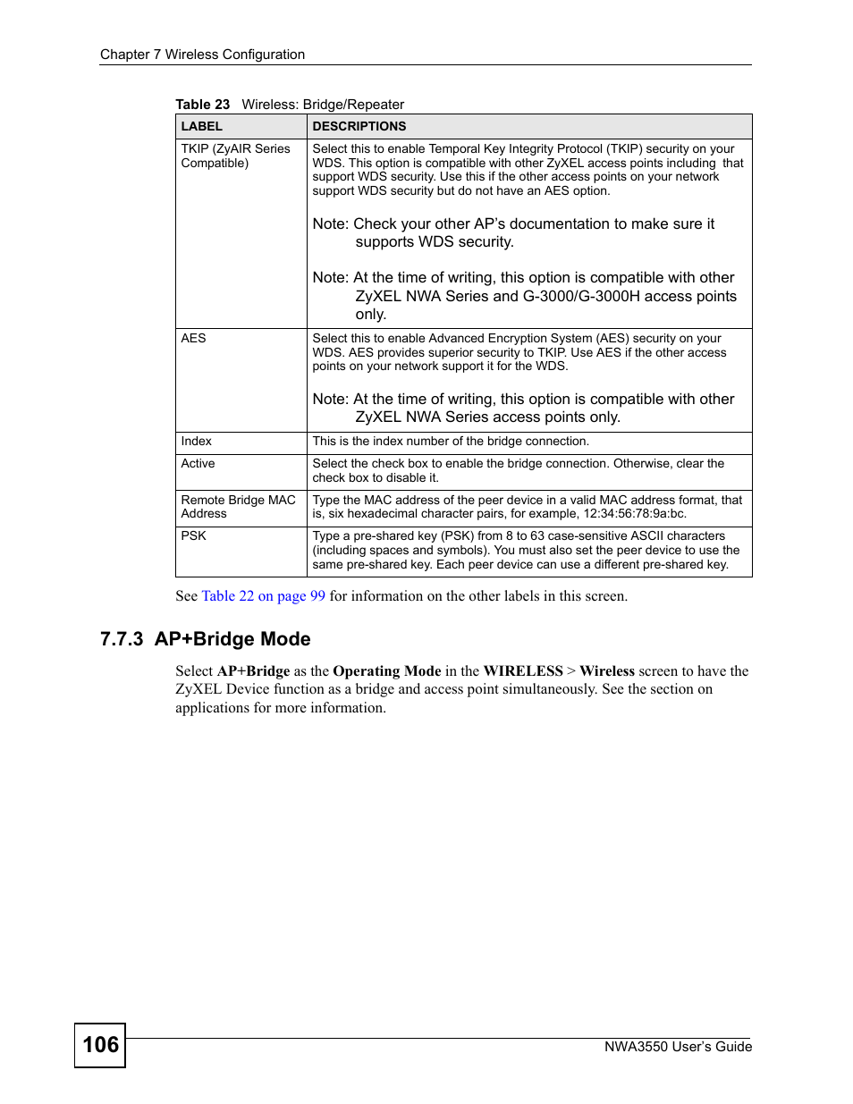 3 ap+bridge mode | ZyXEL Communications NWA3550 User Manual | Page 106 / 344
