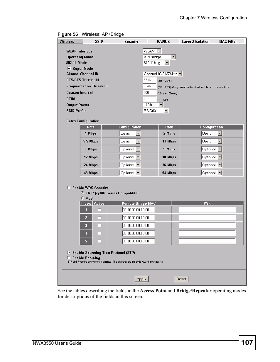 Figure 56 wireless: ap+bridge | ZyXEL Communications NWA3550 User Manual | Page 107 / 344
