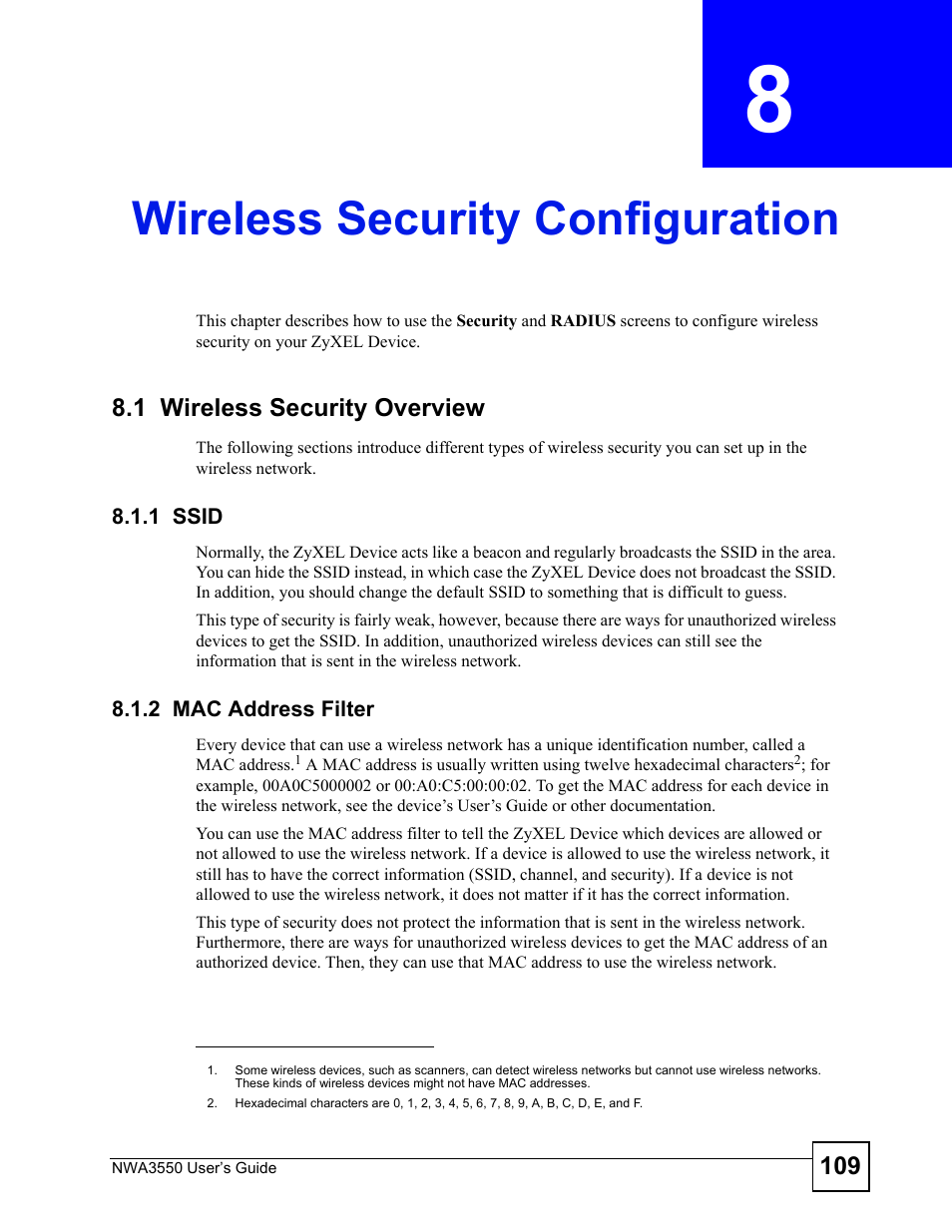 Wireless security configuration, 1 wireless security overview, 1 ssid | 2 mac address filter, Chapter 8 wireless security configuration, 1 ssid 8.1.2 mac address filter, Wireless security configuration (109), On. see | ZyXEL Communications NWA3550 User Manual | Page 109 / 344