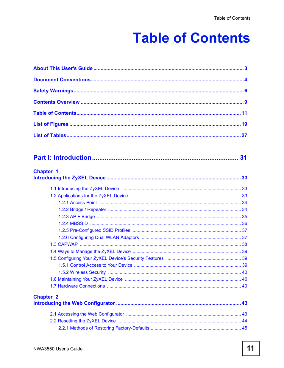 ZyXEL Communications NWA3550 User Manual | Page 11 / 344