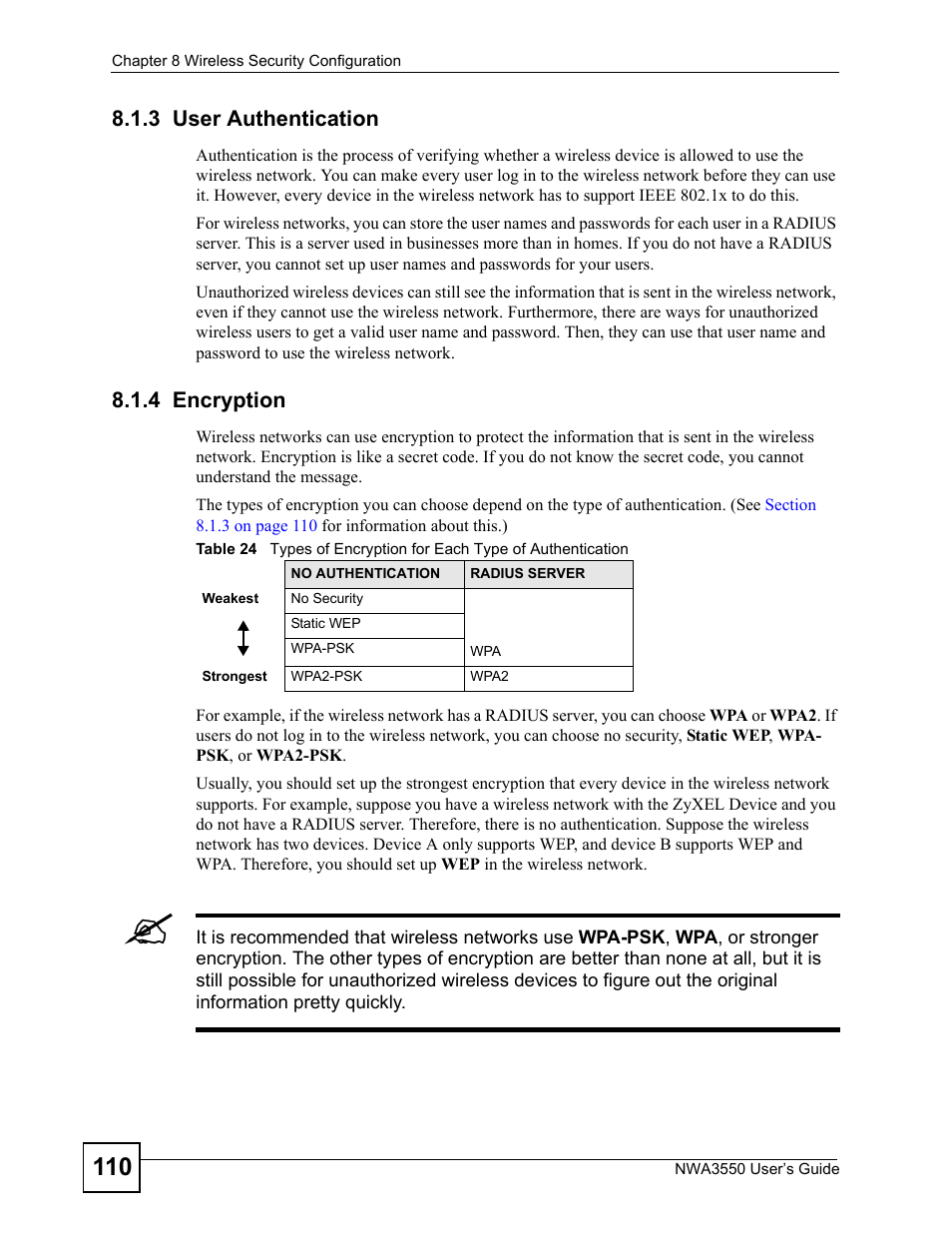 3 user authentication, 4 encryption, 3 user authentication 8.1.4 encryption | ZyXEL Communications NWA3550 User Manual | Page 110 / 344