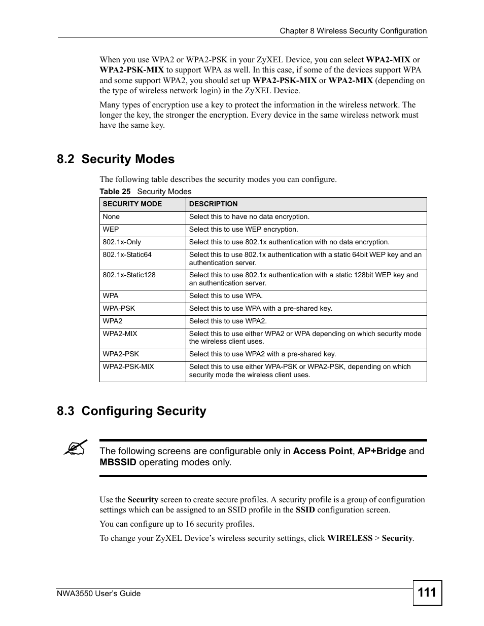 2 security modes, 3 configuring security, 2 security modes 8.3 configuring security | Table 25 security modes | ZyXEL Communications NWA3550 User Manual | Page 111 / 344
