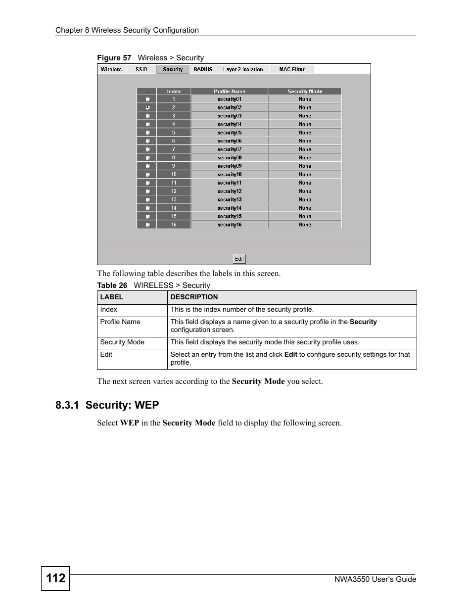 1 security: wep, Figure 57 wireless > security, Table 26 wireless > security | ZyXEL Communications NWA3550 User Manual | Page 112 / 344