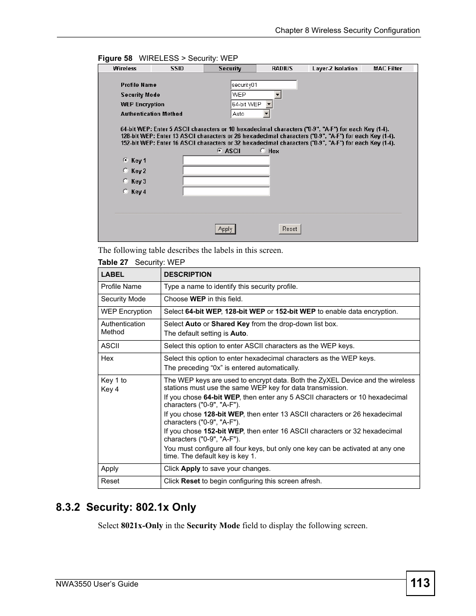 2 security: 802.1x only, Figure 58 wireless > security: wep, Table 27 security: wep | ZyXEL Communications NWA3550 User Manual | Page 113 / 344