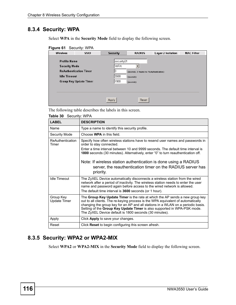4 security: wpa, 5 security: wpa2 or wpa2-mix, 4 security: wpa 8.3.5 security: wpa2 or wpa2-mix | Figure 61 security: wpa, Table 30 security: wpa | ZyXEL Communications NWA3550 User Manual | Page 116 / 344