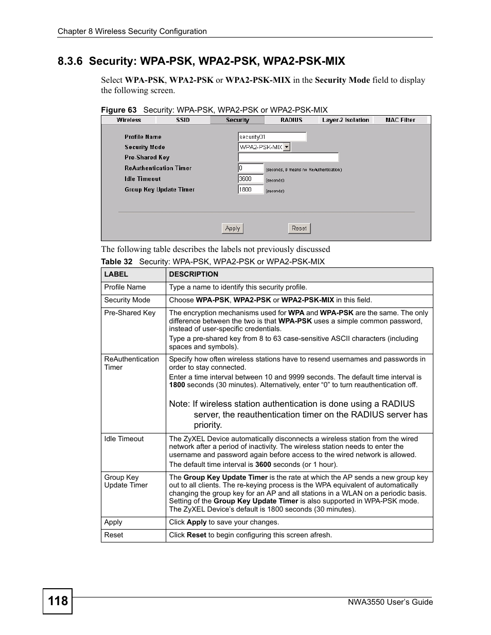 6 security: wpa-psk, wpa2-psk, wpa2-psk-mix | ZyXEL Communications NWA3550 User Manual | Page 118 / 344