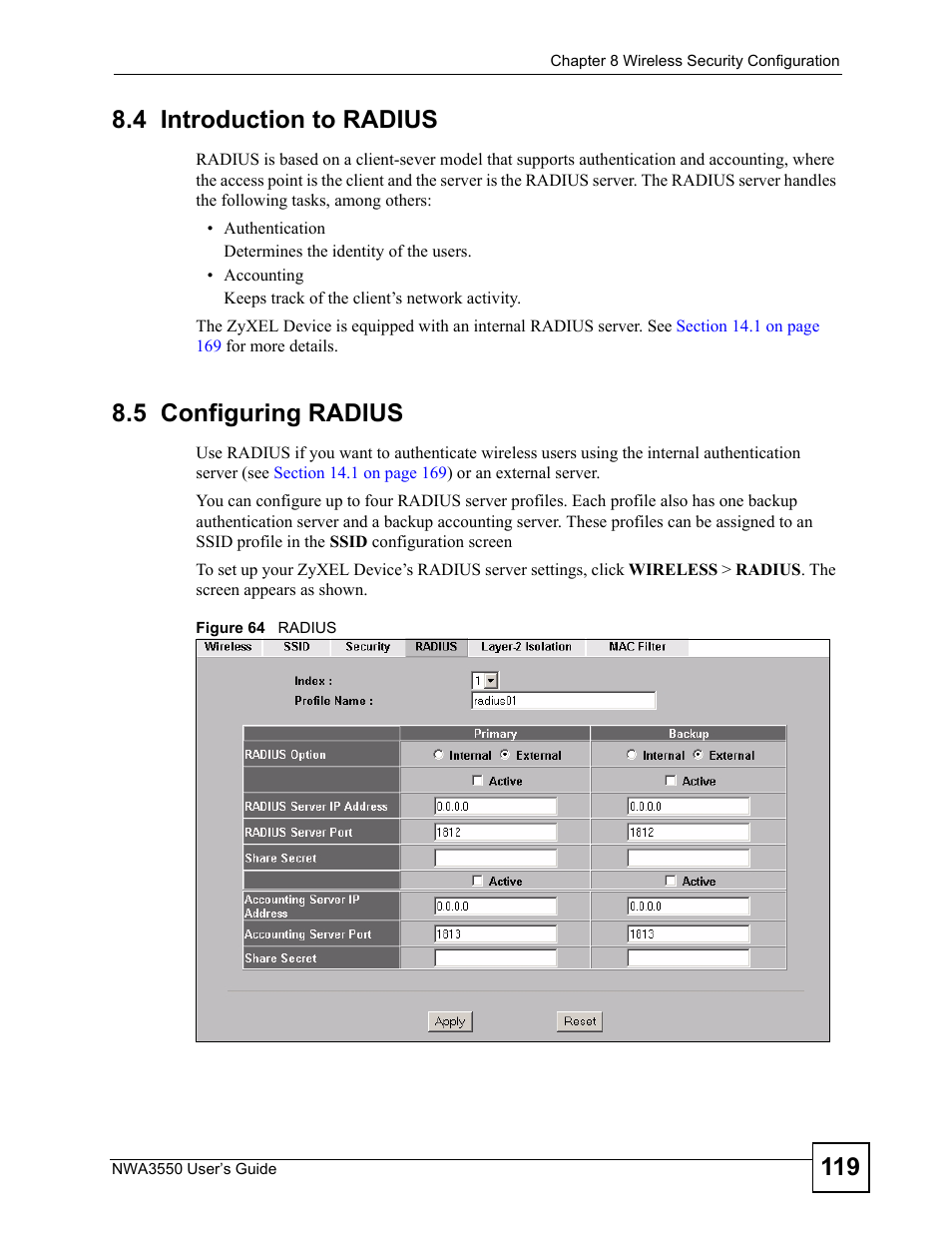 4 introduction to radius, 5 configuring radius, 4 introduction to radius 8.5 configuring radius | Figure 64 radius | ZyXEL Communications NWA3550 User Manual | Page 119 / 344