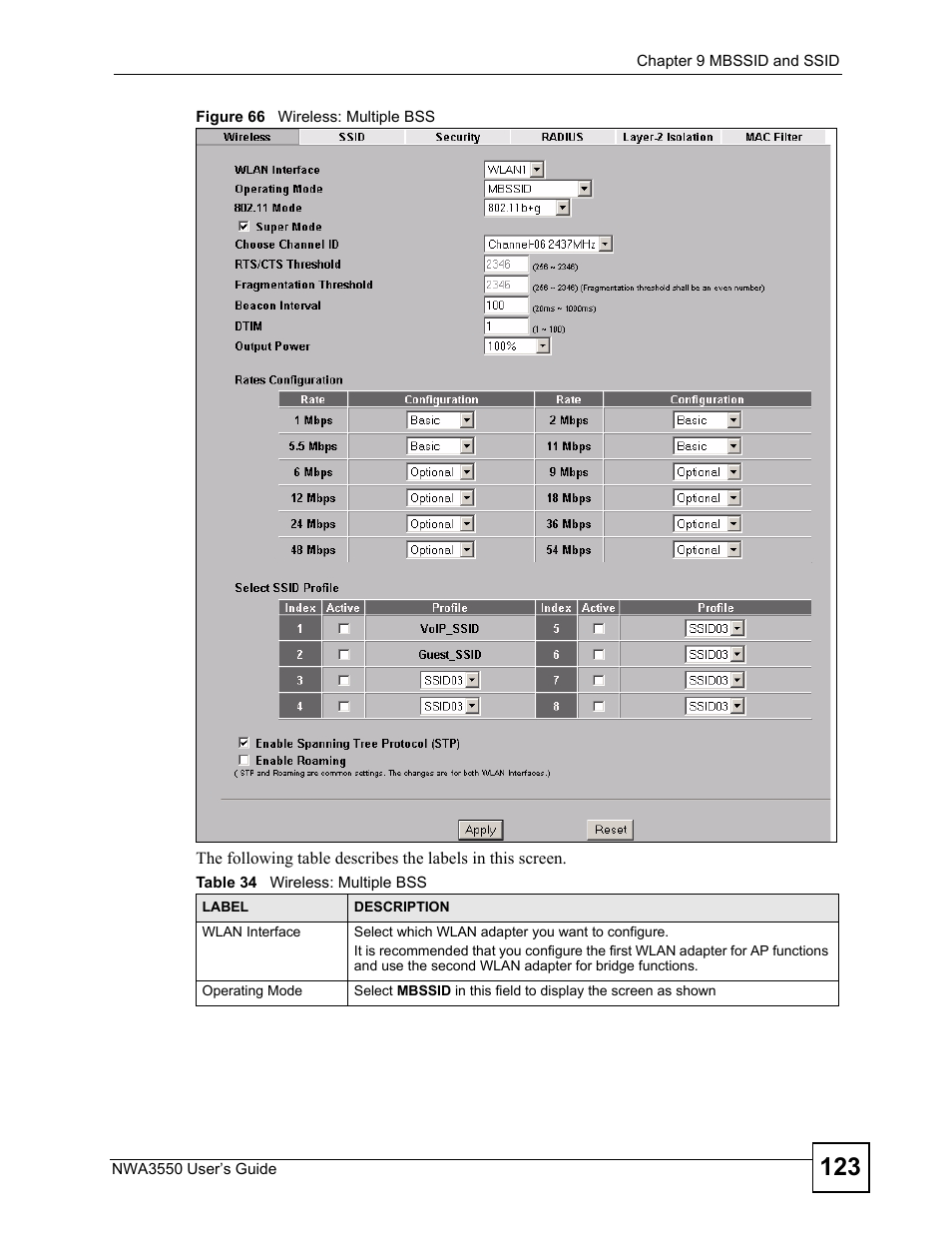 Figure 66 wireless: multiple bss, Table 34 wireless: multiple bss | ZyXEL Communications NWA3550 User Manual | Page 123 / 344