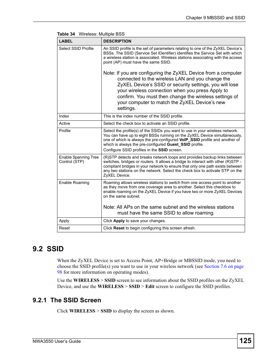 2 ssid, 1 the ssid screen, Section 9.2 on | Section 9.2.1, Section 9.2 | ZyXEL Communications NWA3550 User Manual | Page 125 / 344