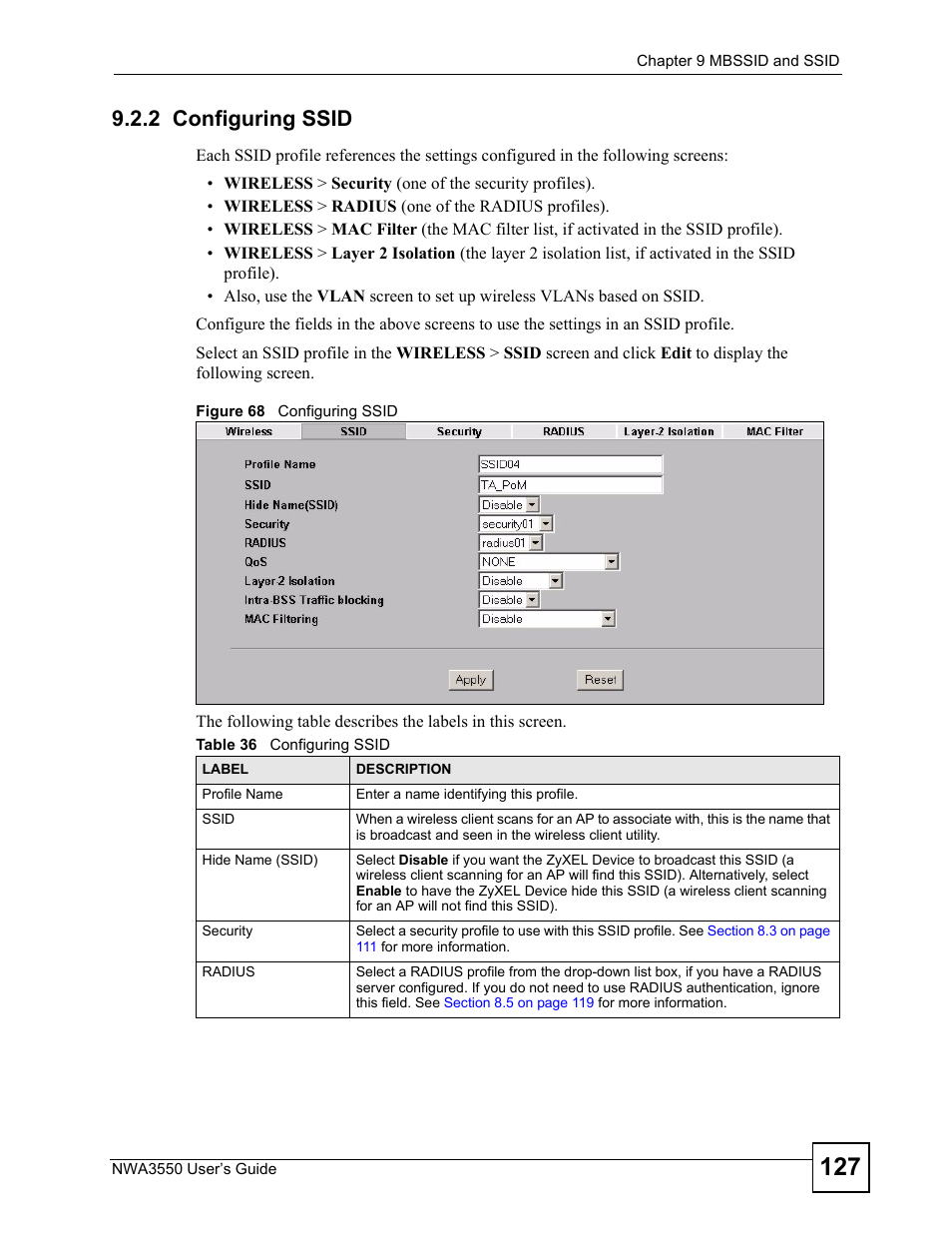 2 configuring ssid, Figure 68 configuring ssid, Table 36 configuring ssid | ZyXEL Communications NWA3550 User Manual | Page 127 / 344