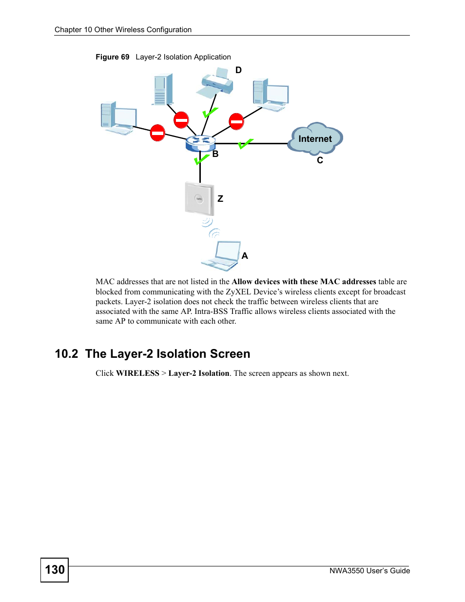 2 the layer-2 isolation screen, Figure 69 layer-2 isolation application | ZyXEL Communications NWA3550 User Manual | Page 130 / 344