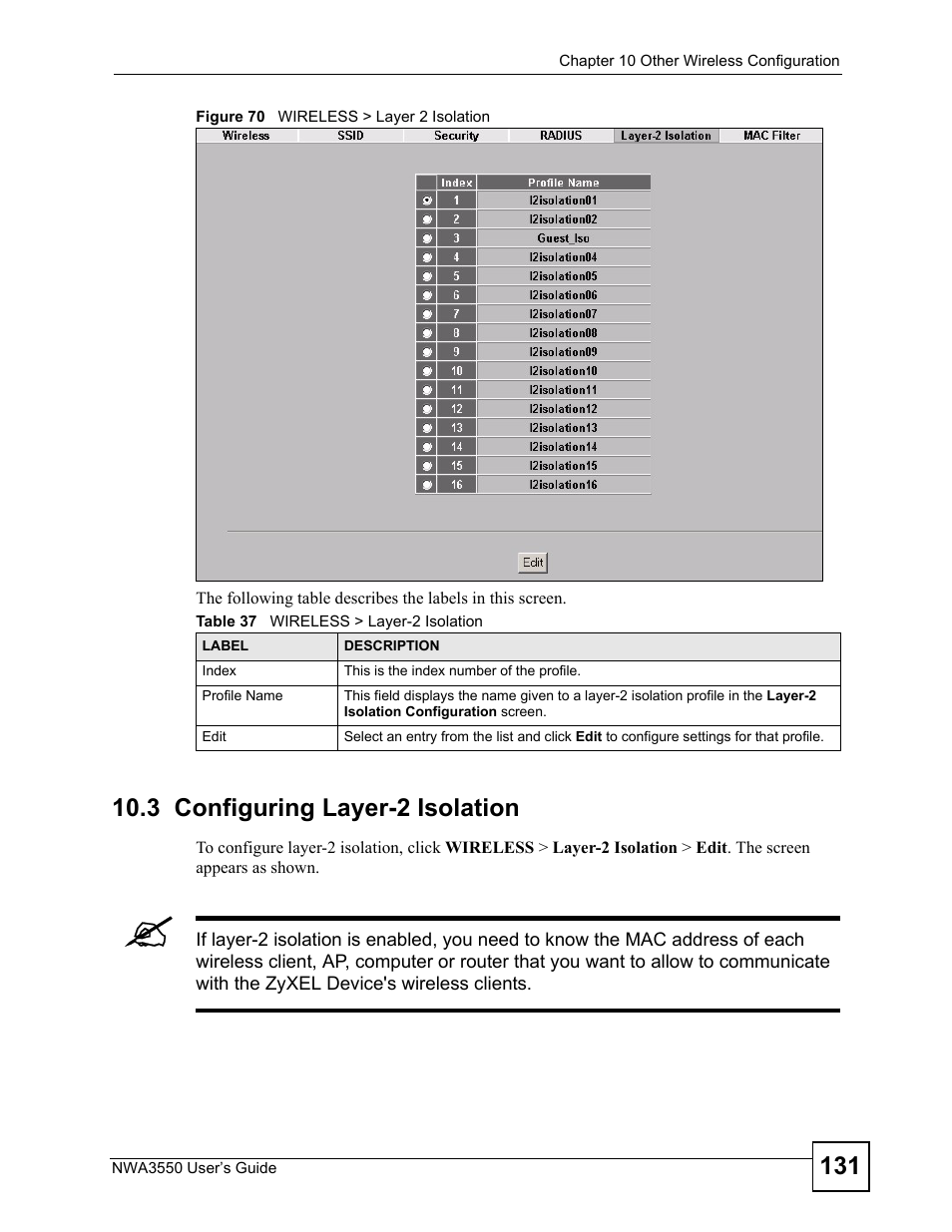 3 configuring layer-2 isolation, Figure 70 wireless > layer 2 isolation, Table 37 wireless > layer-2 isolation | ZyXEL Communications NWA3550 User Manual | Page 131 / 344