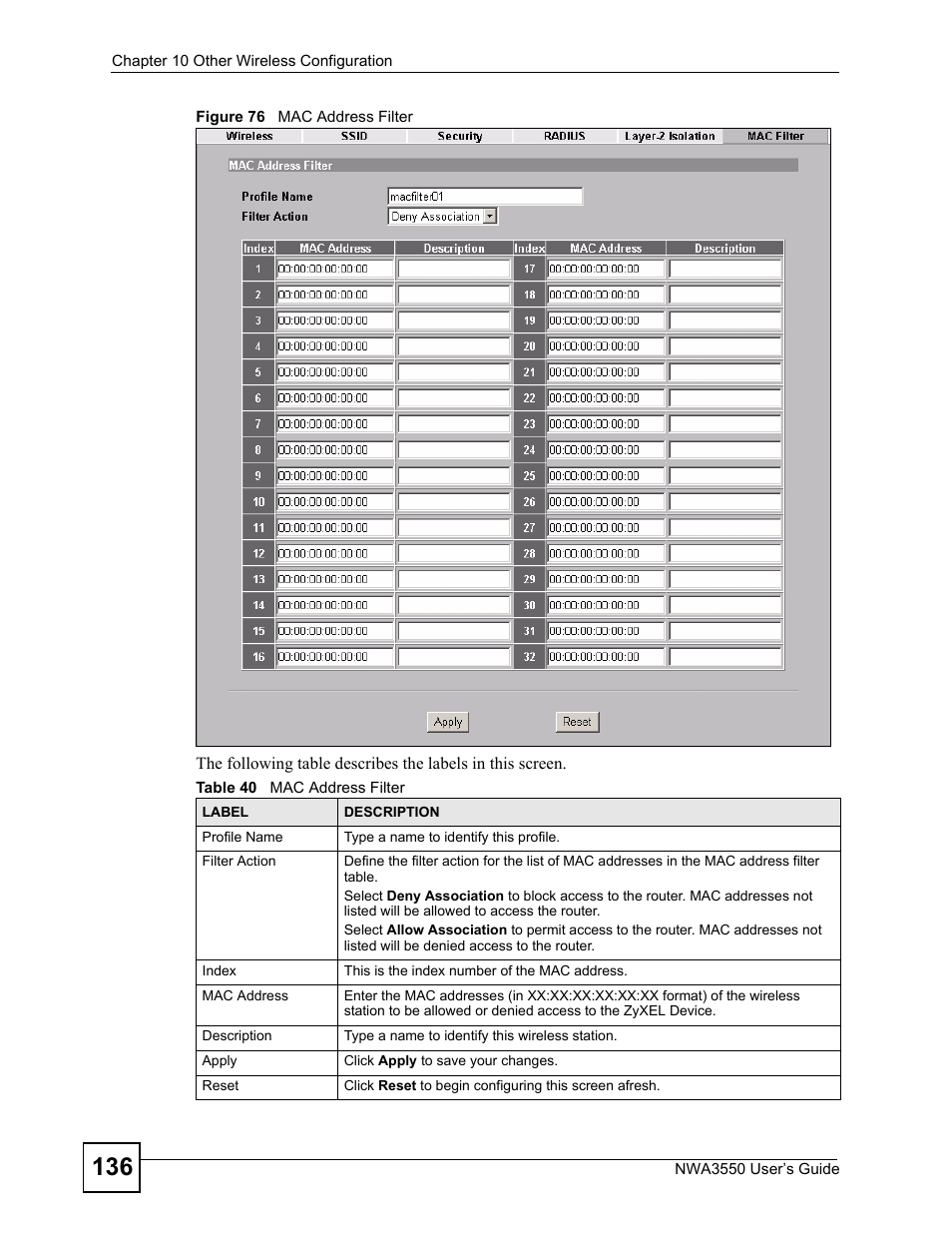 Figure 76 mac address filter, Table 40 mac address filter | ZyXEL Communications NWA3550 User Manual | Page 136 / 344