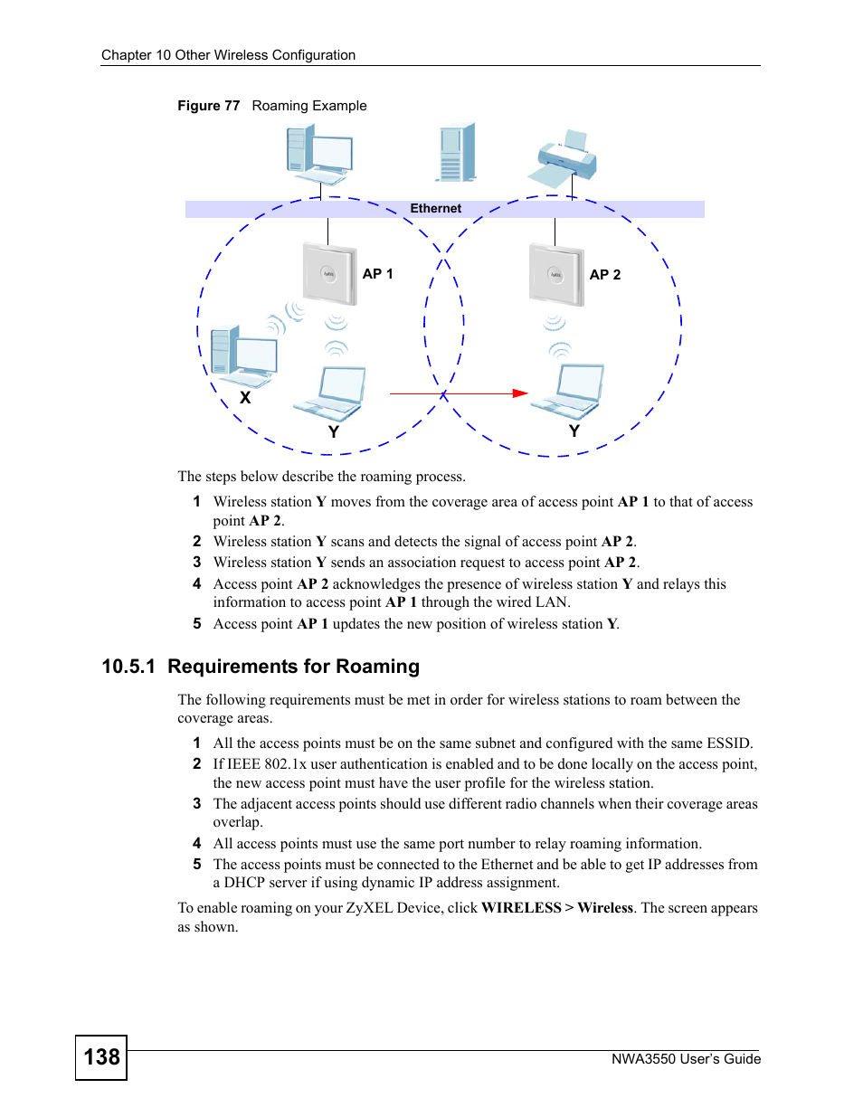 1 requirements for roaming, Figure 77 roaming example | ZyXEL Communications NWA3550 User Manual | Page 138 / 344