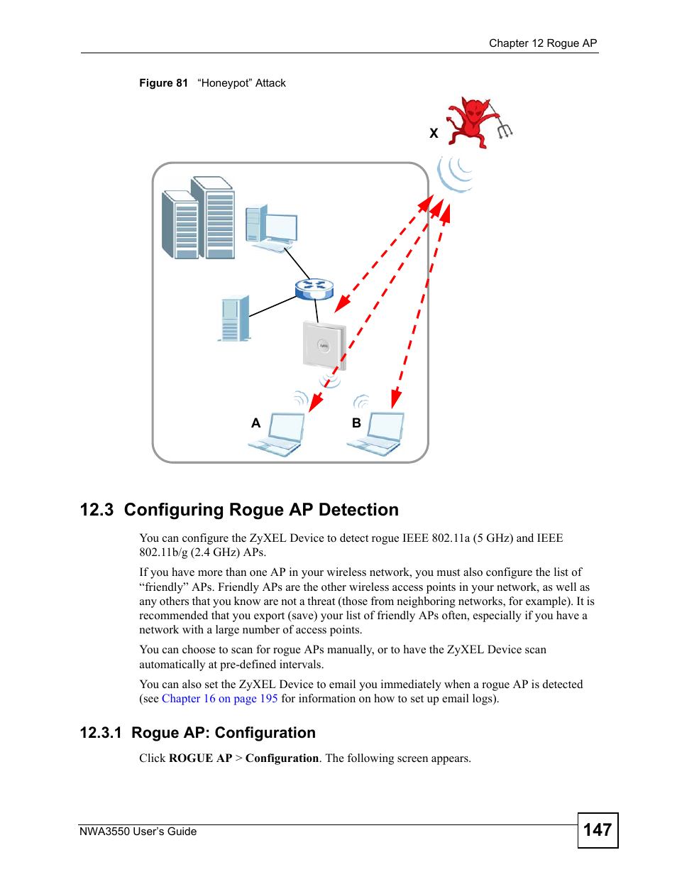3 configuring rogue ap detection, 1 rogue ap: configuration, Figure 81 “honeypot” attack | ZyXEL Communications NWA3550 User Manual | Page 147 / 344