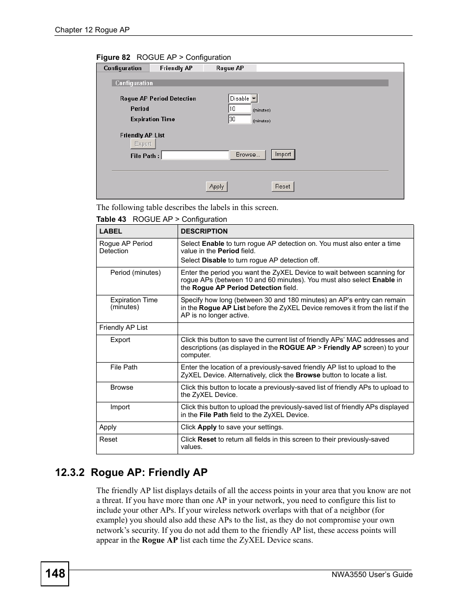 2 rogue ap: friendly ap, Figure 82 rogue ap > configuration, Table 43 rogue ap > configuration | ZyXEL Communications NWA3550 User Manual | Page 148 / 344