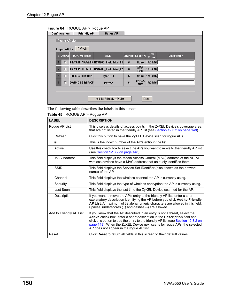 Figure 84 rogue ap > rogue ap, Table 45 rogue ap > rogue ap | ZyXEL Communications NWA3550 User Manual | Page 150 / 344