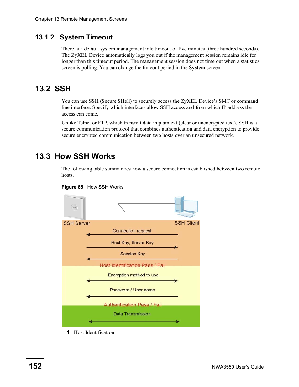 2 system timeout, 2 ssh, 3 how ssh works | 2 ssh 13.3 how ssh works, Figure 85 how ssh works | ZyXEL Communications NWA3550 User Manual | Page 152 / 344