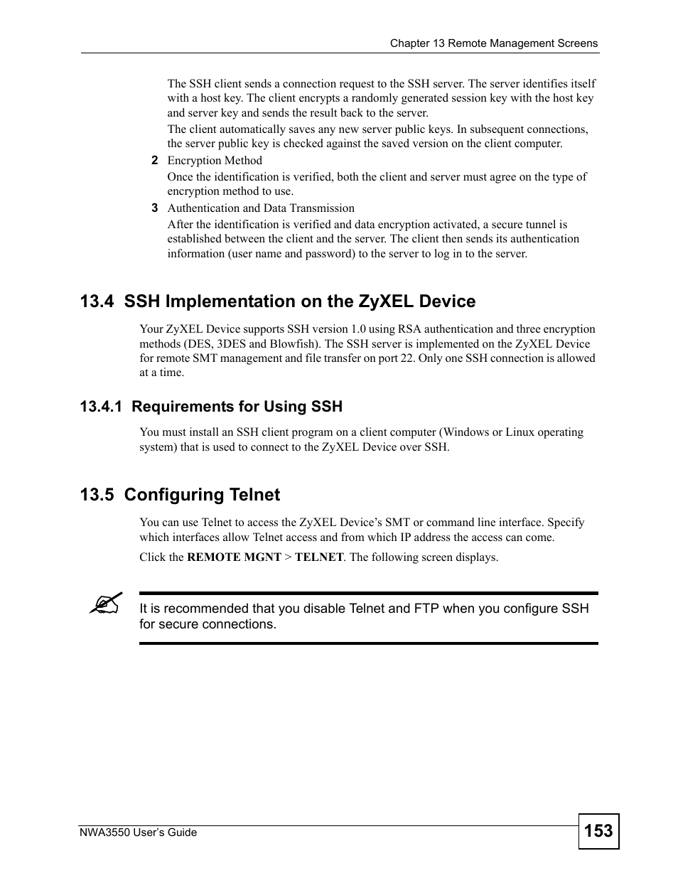 4 ssh implementation on the zyxel device, 1 requirements for using ssh, 5 configuring telnet | ZyXEL Communications NWA3550 User Manual | Page 153 / 344