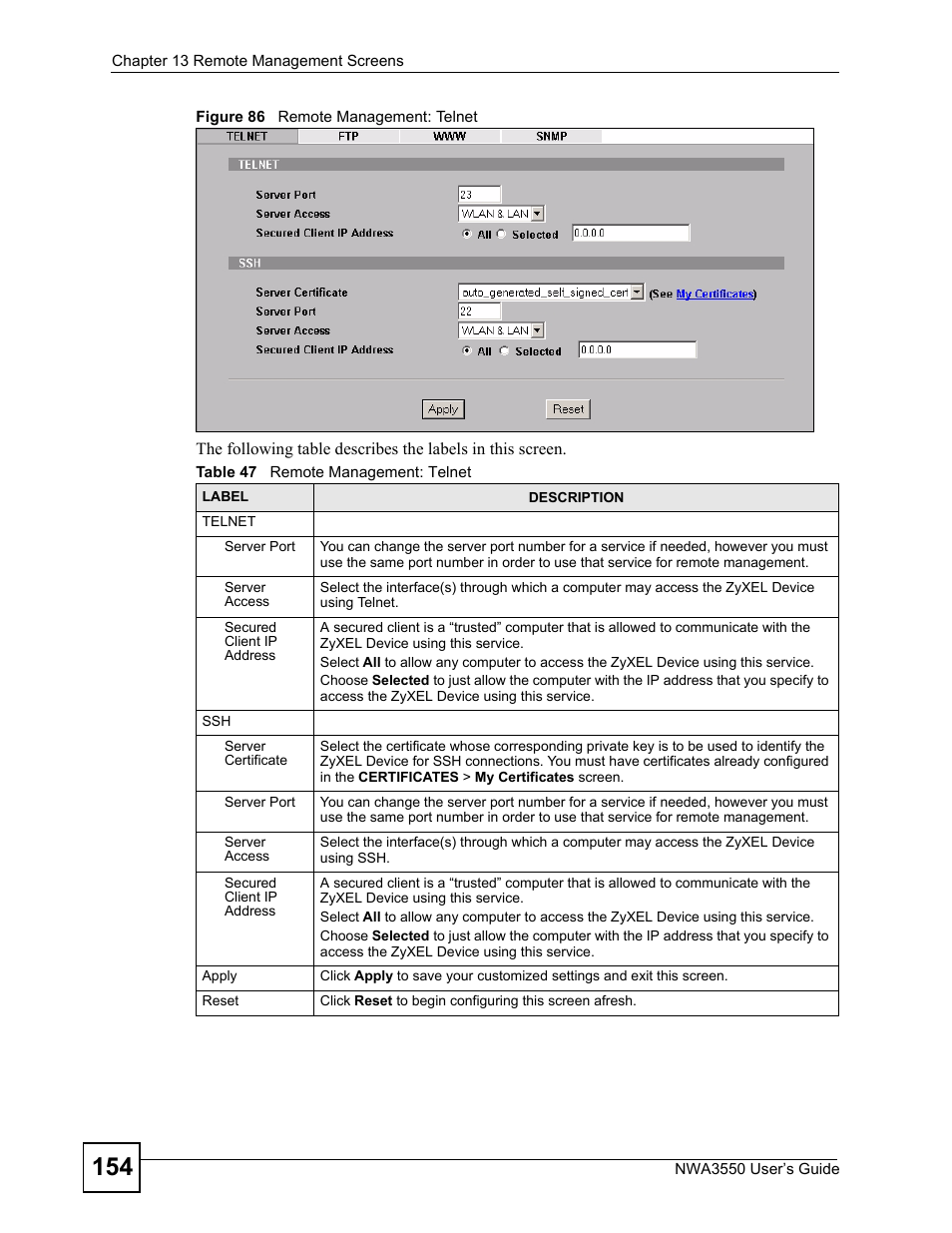 Figure 86 remote management: telnet, Table 47 remote management: telnet | ZyXEL Communications NWA3550 User Manual | Page 154 / 344