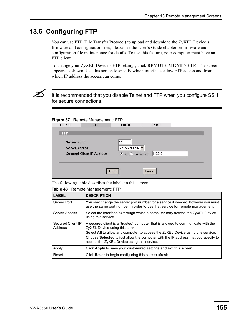 6 configuring ftp, Figure 87 remote management: ftp, Table 48 remote management: ftp | ZyXEL Communications NWA3550 User Manual | Page 155 / 344