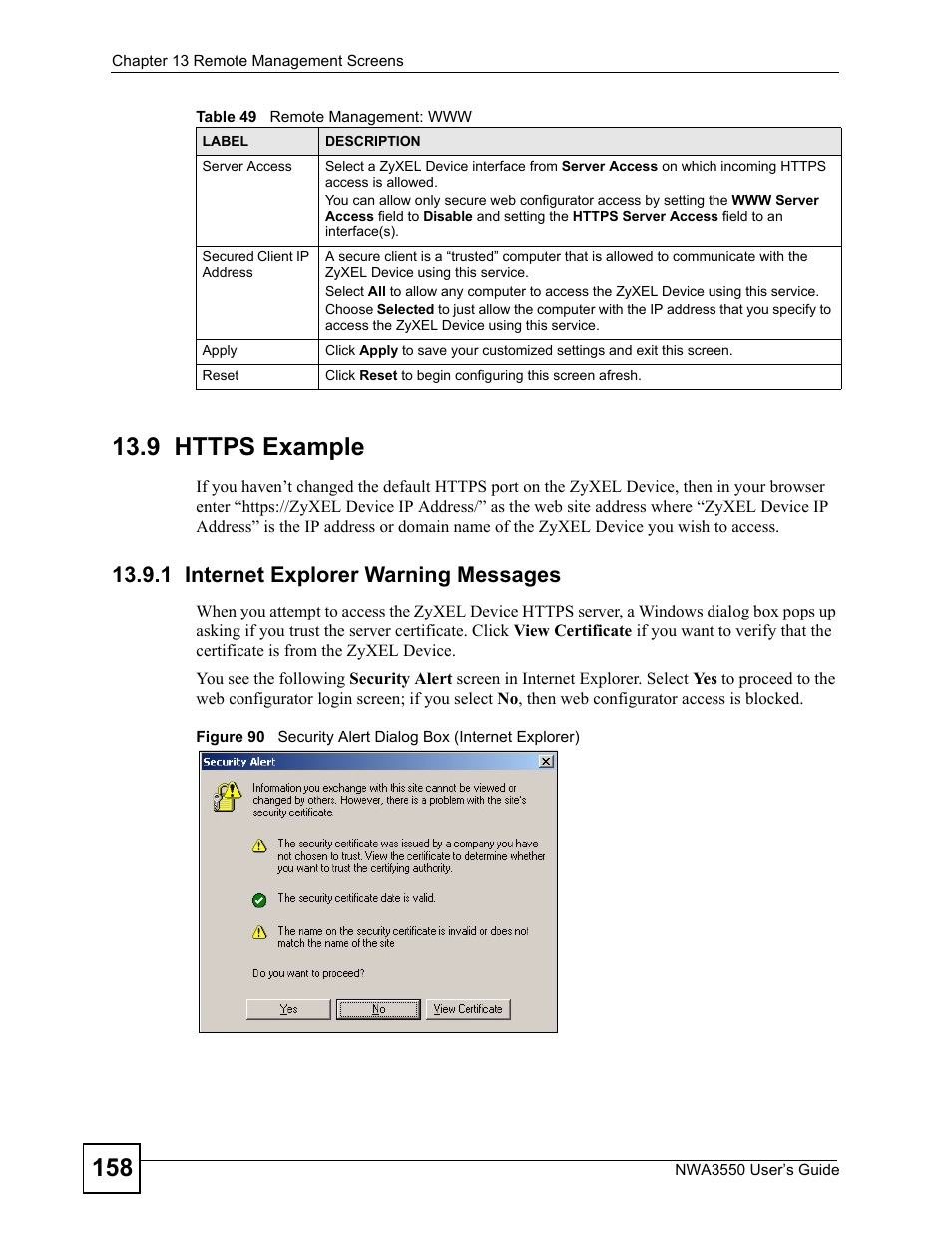9 https example, 1 internet explorer warning messages | ZyXEL Communications NWA3550 User Manual | Page 158 / 344