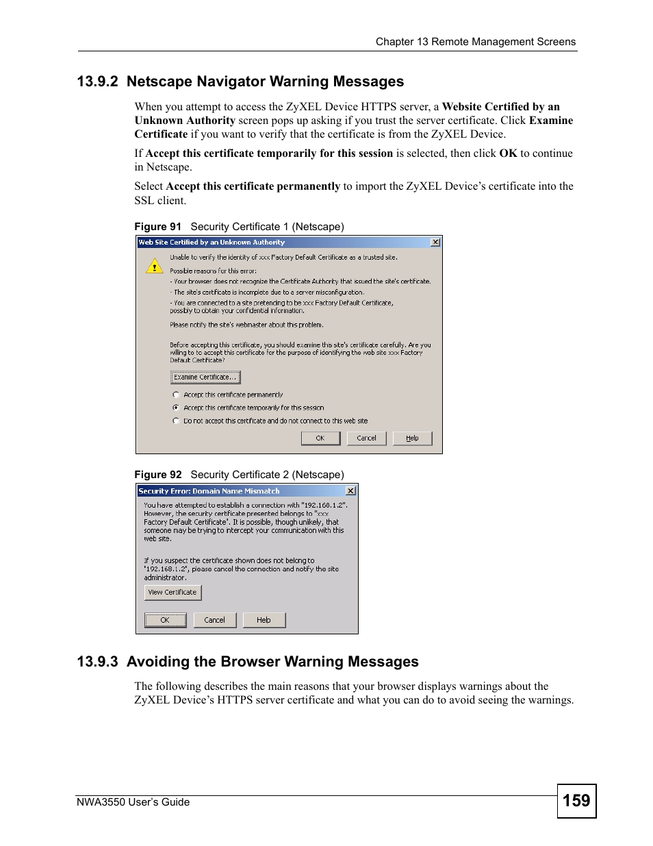 2 netscape navigator warning messages, 3 avoiding the browser warning messages | ZyXEL Communications NWA3550 User Manual | Page 159 / 344