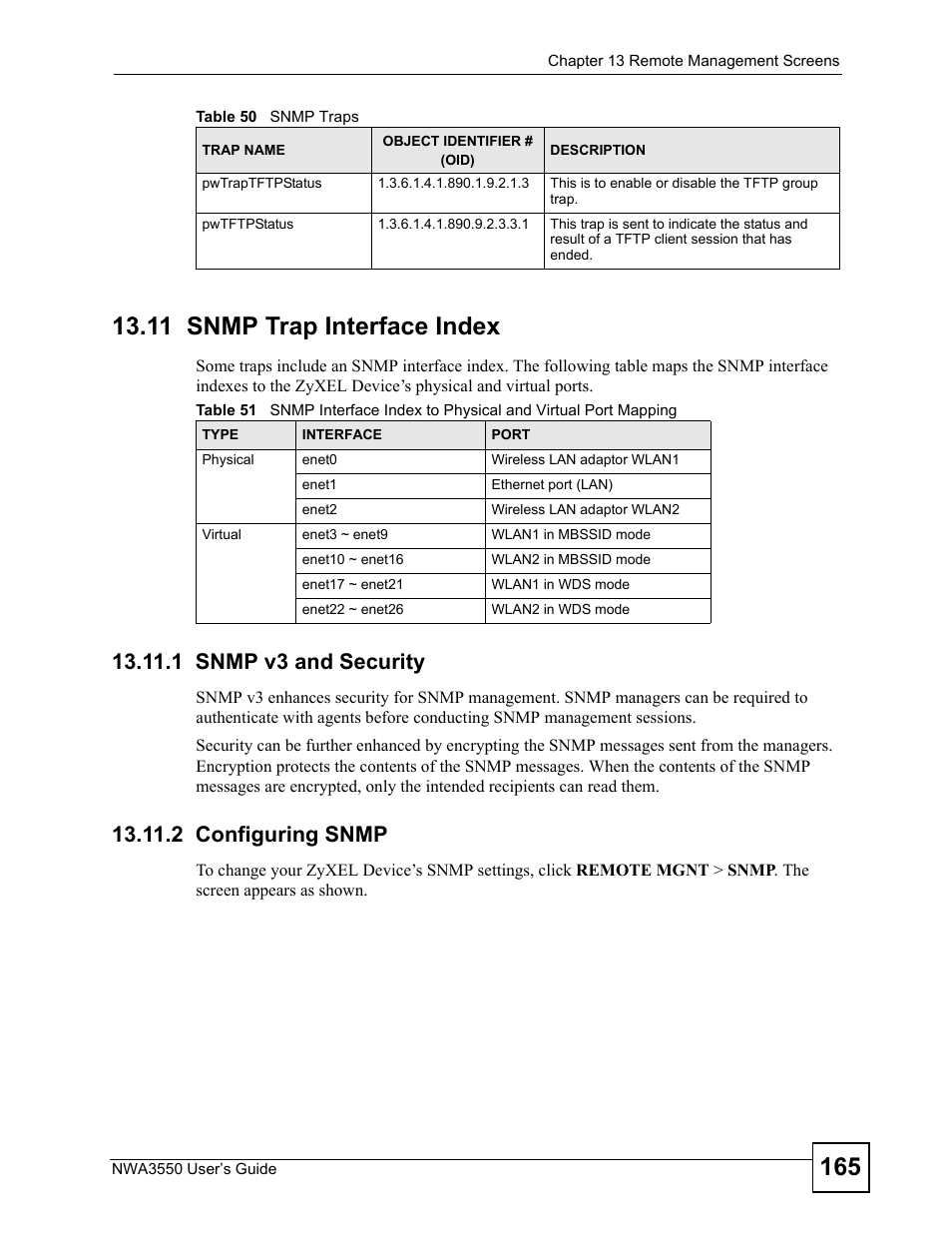 11 snmp trap interface index, 1 snmp v3 and security, 2 configuring snmp | ZyXEL Communications NWA3550 User Manual | Page 165 / 344