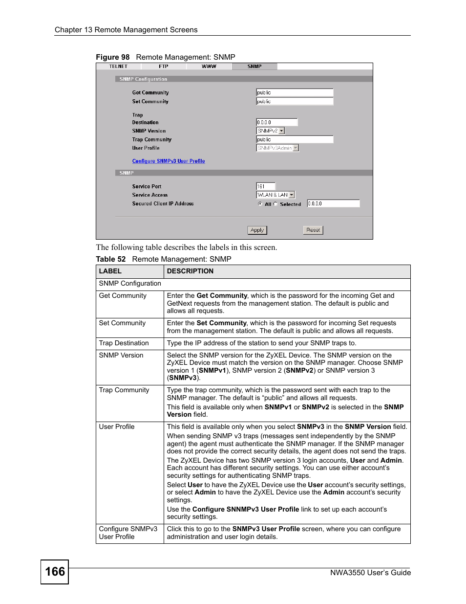 Figure 98 remote management: snmp, Table 52 remote management: snmp | ZyXEL Communications NWA3550 User Manual | Page 166 / 344