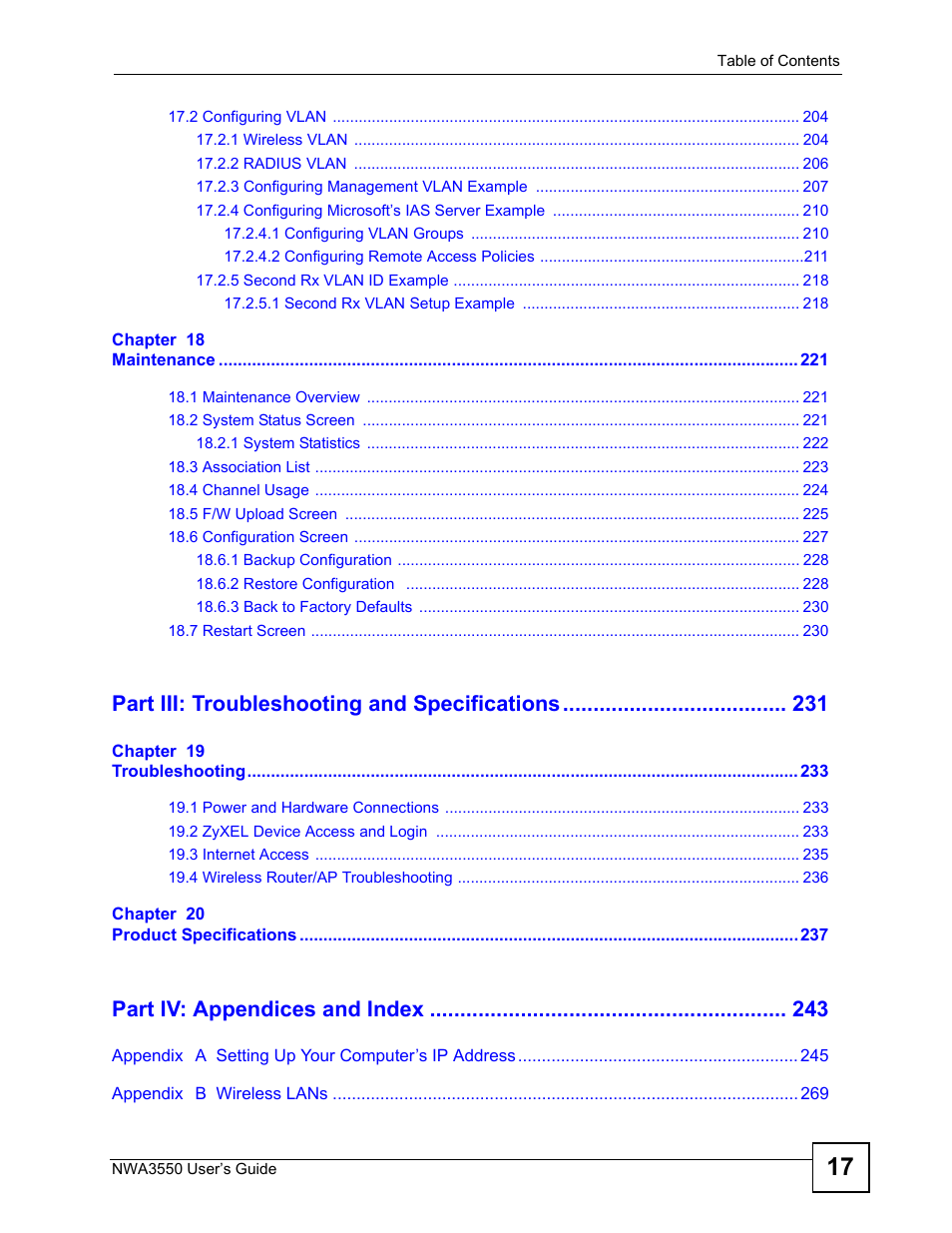 Part iii: troubleshooting and specifications, Part iv: appendices and index | ZyXEL Communications NWA3550 User Manual | Page 17 / 344