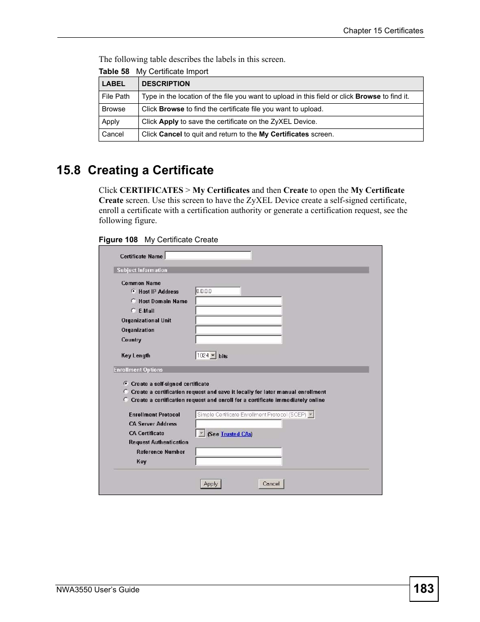 8 creating a certificate, Figure 108 my certificate create, Table 58 my certificate import | ZyXEL Communications NWA3550 User Manual | Page 183 / 344
