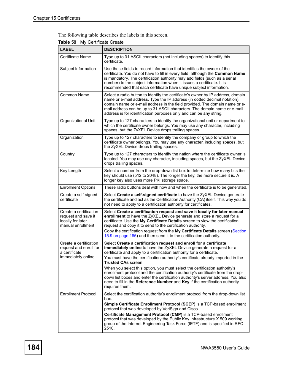 Table 59 my certificate create | ZyXEL Communications NWA3550 User Manual | Page 184 / 344