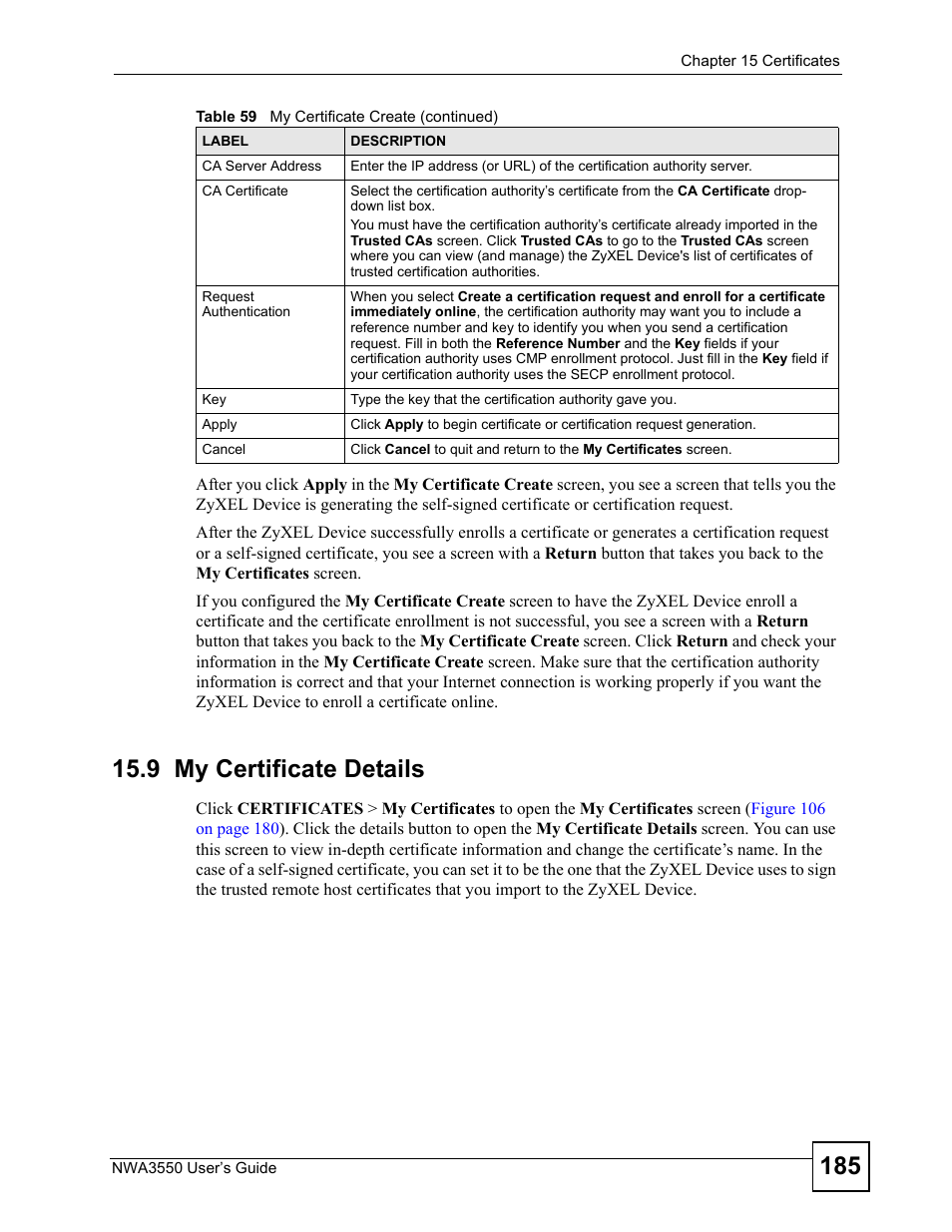9 my certificate details | ZyXEL Communications NWA3550 User Manual | Page 185 / 344