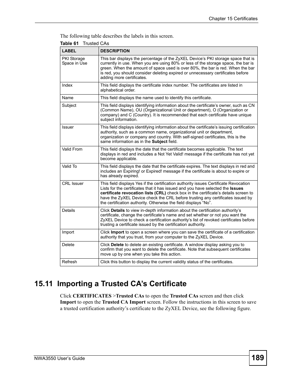 11 importing a trusted ca’s certificate, Table 61 trusted cas | ZyXEL Communications NWA3550 User Manual | Page 189 / 344
