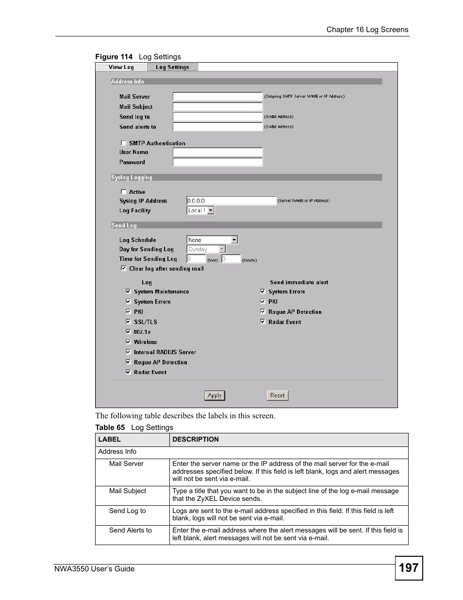 Figure 114 log settings, Table 65 log settings | ZyXEL Communications NWA3550 User Manual | Page 197 / 344