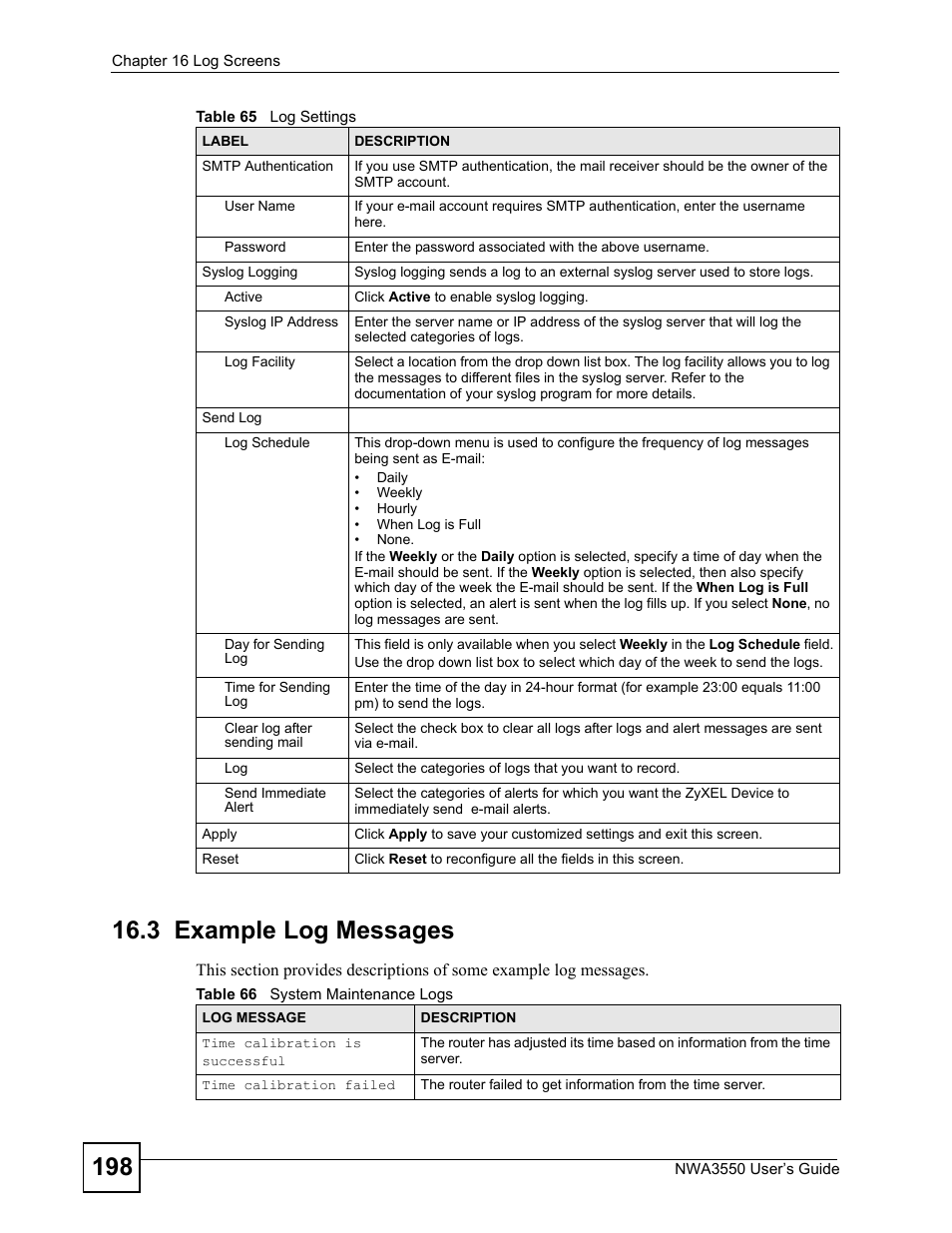 3 example log messages, Table 66 system maintenance logs | ZyXEL Communications NWA3550 User Manual | Page 198 / 344