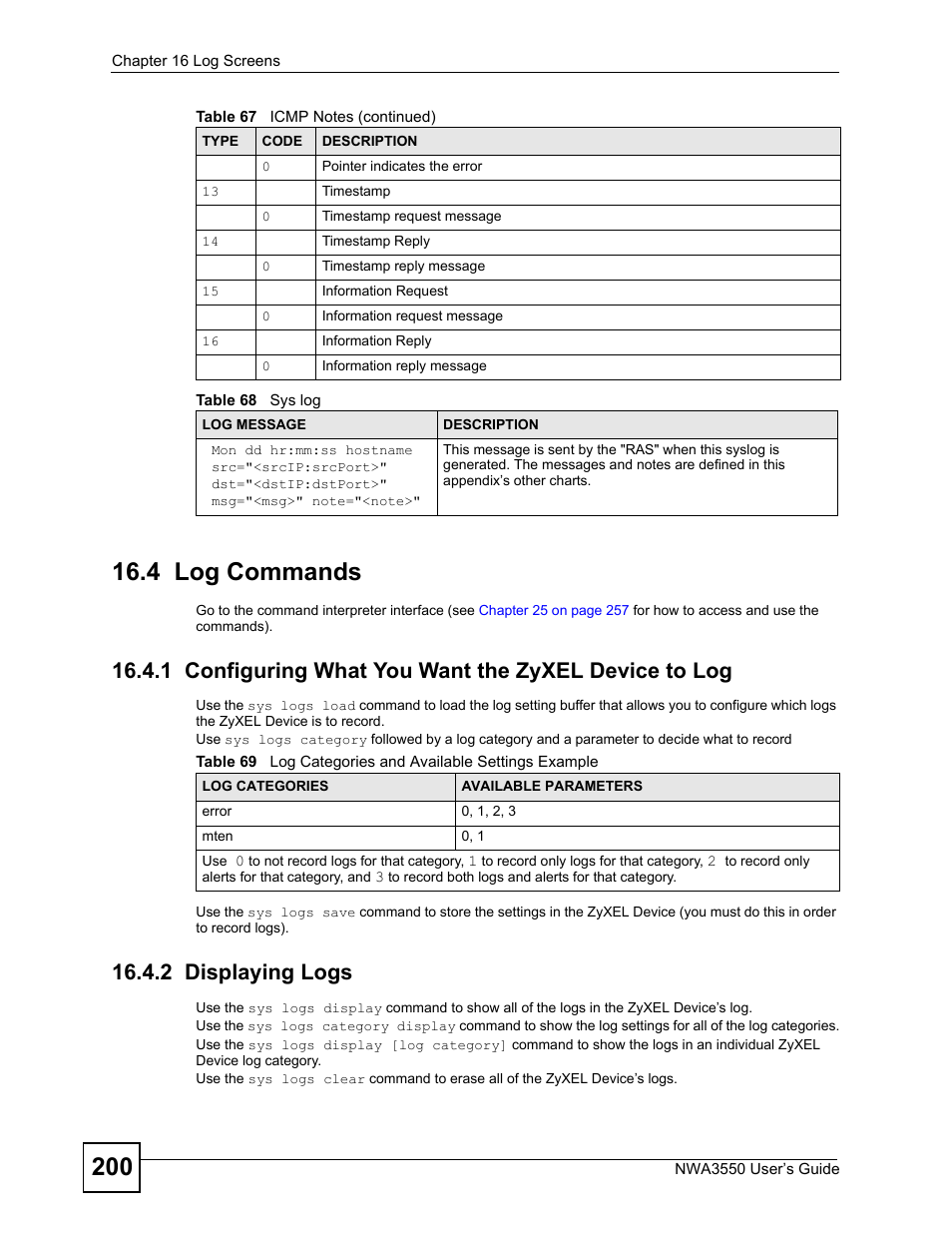 4 log commands, 2 displaying logs | ZyXEL Communications NWA3550 User Manual | Page 200 / 344