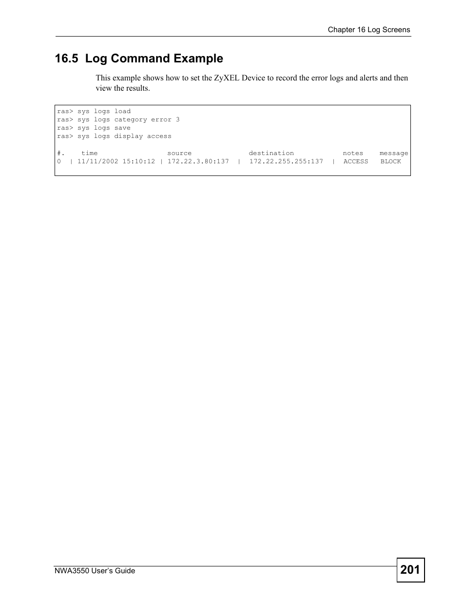 5 log command example | ZyXEL Communications NWA3550 User Manual | Page 201 / 344