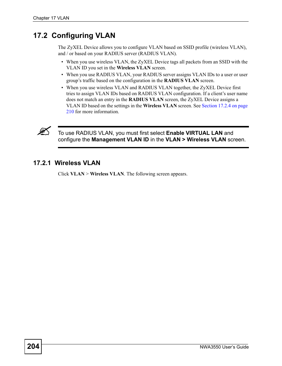 2 configuring vlan, 1 wireless vlan | ZyXEL Communications NWA3550 User Manual | Page 204 / 344