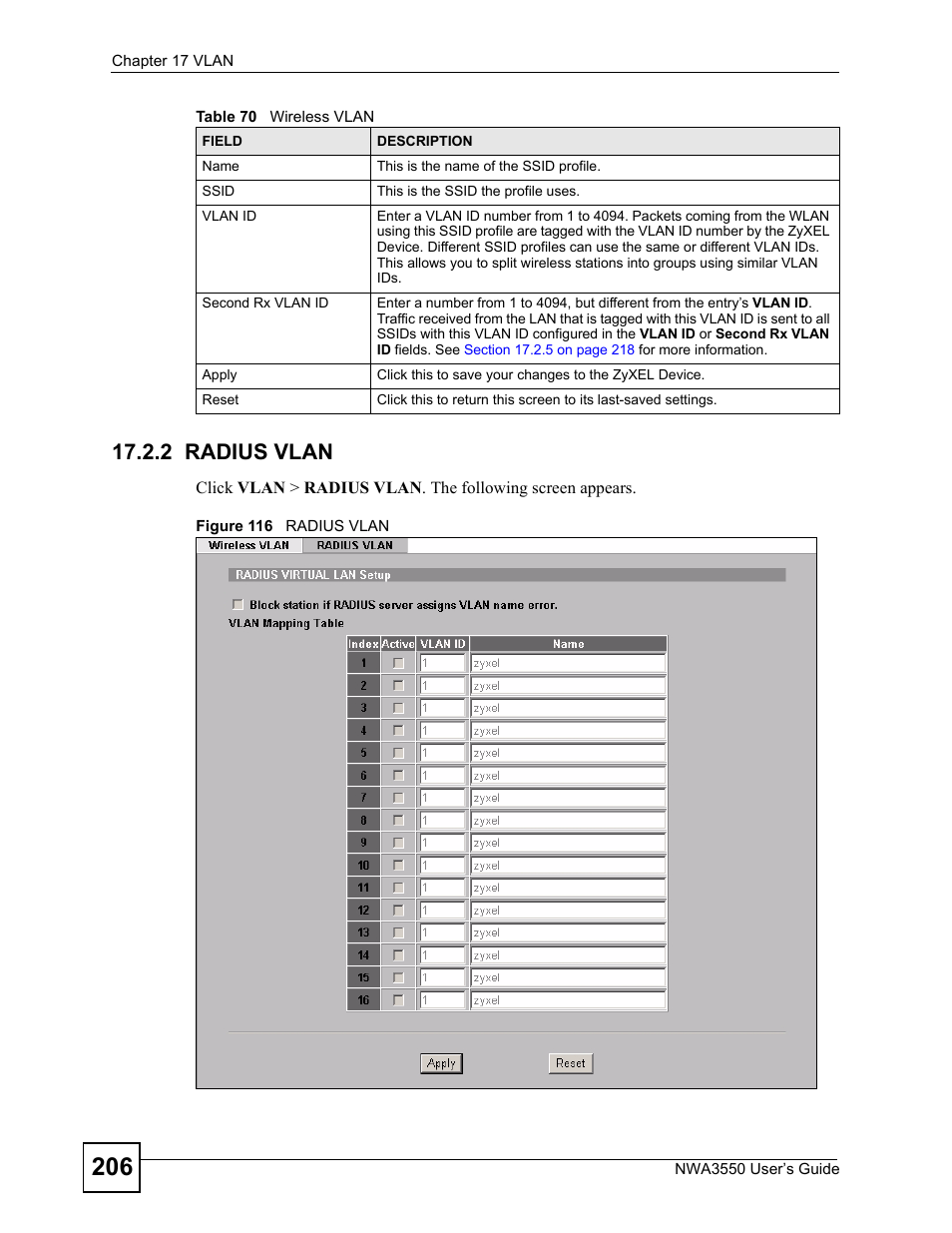 2 radius vlan, Figure 116 radius vlan | ZyXEL Communications NWA3550 User Manual | Page 206 / 344