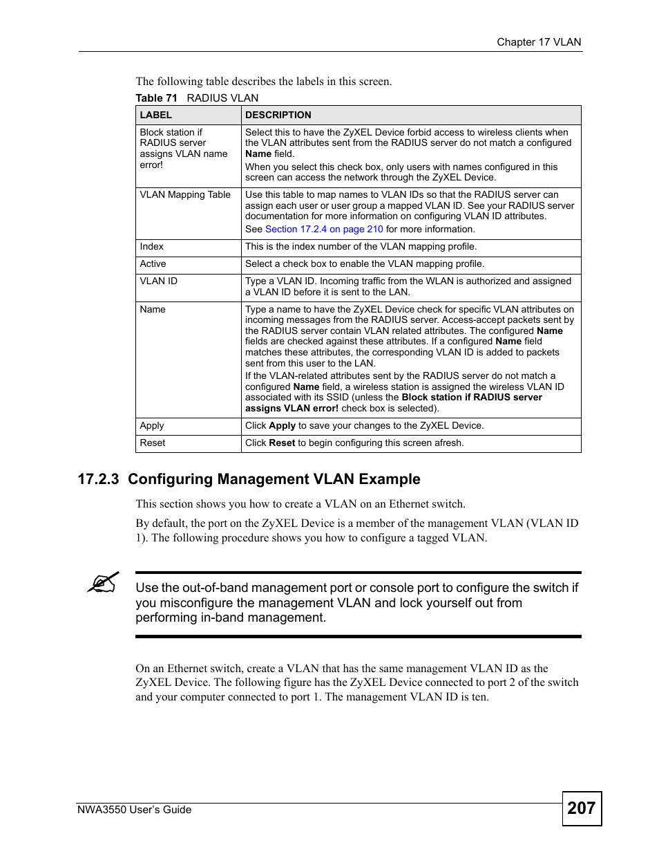 3 configuring management vlan example, Table 71 radius vlan | ZyXEL Communications NWA3550 User Manual | Page 207 / 344