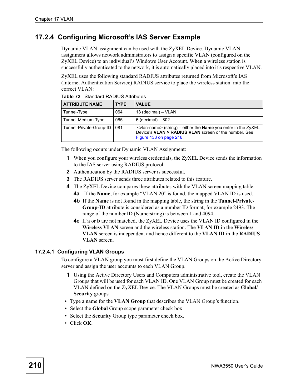 4 configuring microsoft’s ias server example, 1 configuring vlan groups, Table 72 standard radius attributes | ZyXEL Communications NWA3550 User Manual | Page 210 / 344